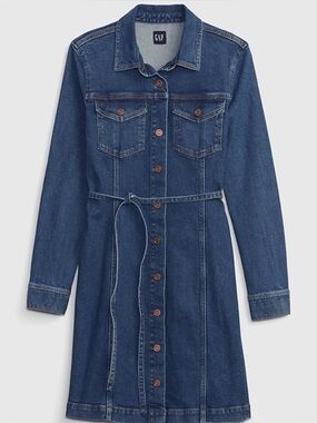 GAP Blue Denim Button-Front Shirt Dress with Tie Waist